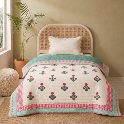 Image of Peepul Tree Hand Block Printed 100% Cotton Malmal AC Comforter 60x90 Inches, Best for Summers Lightweight, Soft, Breathable & Reversible AC Blanket for Single Bed, Floral White & Blue
