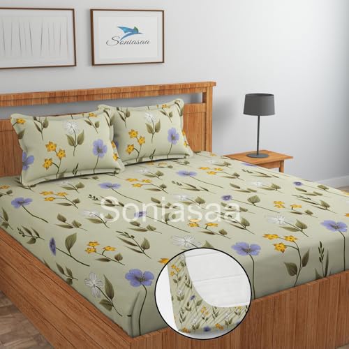 Image of 265 TC Glace-Cotton All Around Elastic Fitted Bedsheet, Elastic Fitted Bedsheet King Size Bedsheet for Double Bed with 2 Pillow Covers, Size - 72 x 78 x 8 Inch Color Lemon