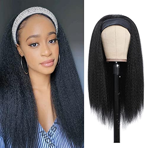MAGI&MEET Kinky Straight Headband Wigs for Women, Synthetic Glueless Black Hair Wigs Long Yaki Straight None Lace Natural Heat Resistant Wigs for Black Women
