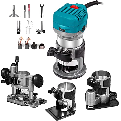 VEVOR Kit de Enrutador Compacto de Arranque Suave de 710W Velocidad 10.000-30.000 RPM Fresadora de Madera Rebajadora Eléctrica multifunción base de refrigeración y base inclinada y base Offset