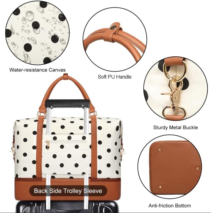 3Pcs Set Polka Dots Weekender Bags for Women Canvas Carry On Overnight Bag Travel Duffle Tote Bag for with Shoes Compartment, Brown - Image 6
