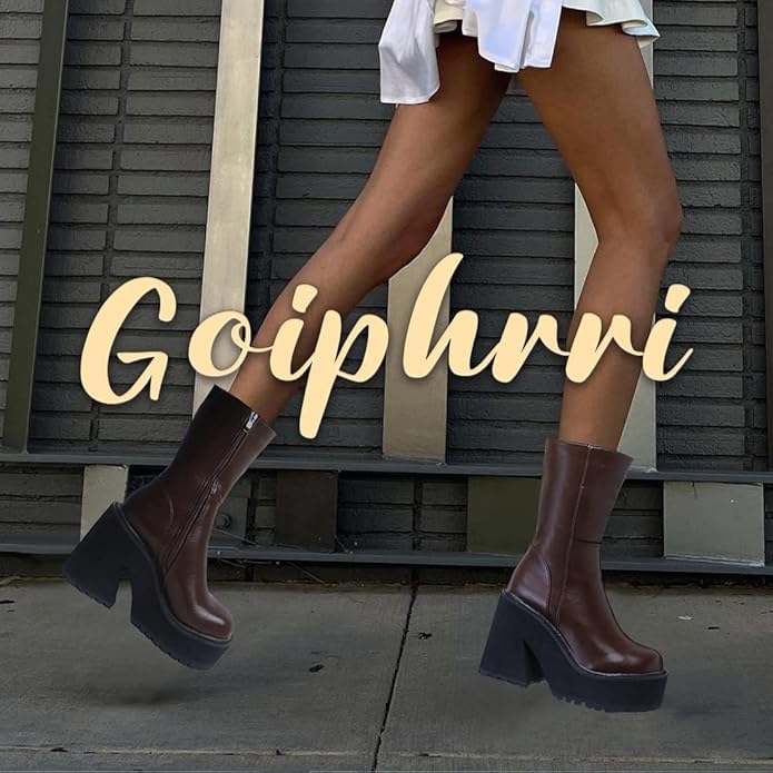 Image of Goiphrri Ankle Boots for Women Chunky Heel Platform Boots Fashion Work Combat Booties Round Toe Punk Boot Party Rave Booties for Women