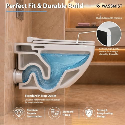 Image of WASSMIST Wall Hung Western Toilet | Rimless Ceramic Commode for Bathroom | Modern Stylish Sanitary Ware for Home | Space-Saving Toilet Bowl for Comfort & Hygiene