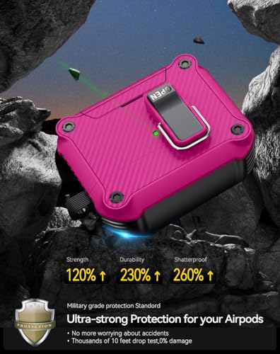 Image of Pohgelan for AirPods Pro 3 Case with Safety Lock-Rose red | Carbon Fiber Texture Cover,Magnetic Automatic Lock with Cleaning Kit&Keychain,Compatible with Magsafe
