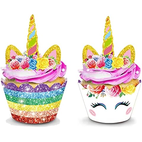 64pcs Unicorn Cupcake Toppers and Wrappers Double Sided for Kids Birthday Baby Shower Theme Party Decorations Supplies Set of 32 Cover