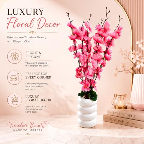 Image of Artificial Pink Cherry Blossom Flower Plant with White Decorative Pot for Home Decor, Bedroom, Living Room, Office Desk & Table Centerpiece