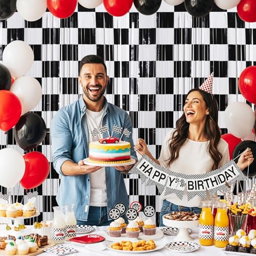 Image of TONIFUL 2 Packs Race Car Checkered Foil Fringe Curtains 3.3 x 6.6 ft | Black and White Metallic Tinsel Streamers Curtain Backdrop for Race Car Themed Birthday Sports Party Photo Booth Decorations