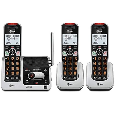 AT&T BL102-3 DECT 6.0 3-Handset Cordless Phone for Home with Answering Machine, Call Blocking, Caller ID Announcer, Audio Assist, Intercom, and Unsurpassed Range, Silver/Black Cover