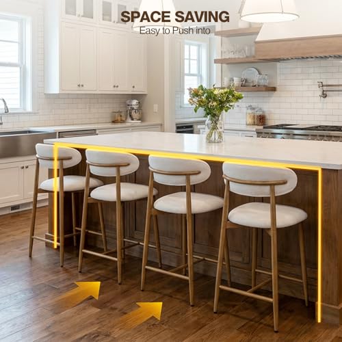 Image of AQO Counter Height Bar Stools Set of 6, Upholstered Counter Stools Modern Barstools with Metal Legs for Kitchen Island Dining Room, Beige