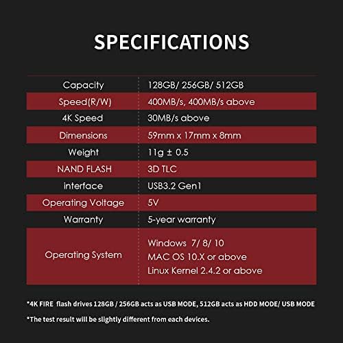 TCELL 4K Fire 128GB USB 3.2 USB Stick 400MB/s Above,UASP Supported, high Speed Solid State Flash Drive Thumb Drive Memory Stick for Designer Gamer Tesla dashcam Sentry Mode