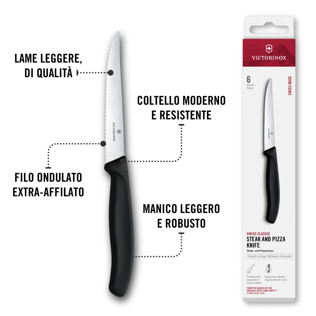 Victorinox Set di Coltelli Bistecca e Pizza Professionali Swiss Classic, 6 Pezzi, Coltelli da Tavola, Lame Affilate Ondulate, 11 cm, Manici in Plastica, Nero
