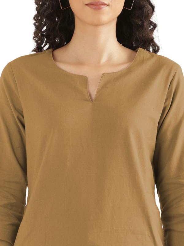 Image of SAADAA Airy Linen Mid Thigh Length Kurta for Women | Stylish Split Neck, 3 /4 Sleeves & Side Pockets | Comfortable Everyday Wear Kurta | Breathable Fabric |