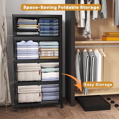 Image of UAMFURI Stackable Storage Bins with Lids, 480QT Closet Organizers and Storage Cabinet with Doors & Wheels, Lockable Plastic Foldable Drawers for Bedroom Dorm Office Garage(120QT*4,Black)
