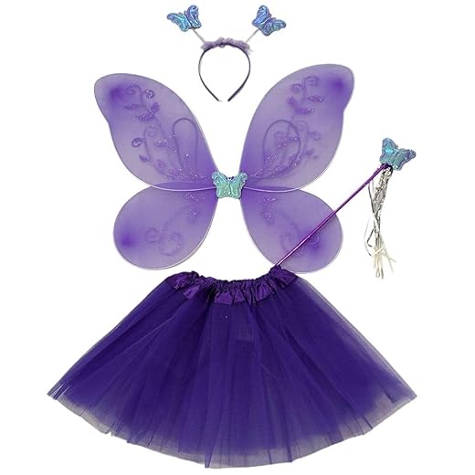 Fantasia de Fada Borboleta Infantil com Saia Tutu, Asa, Tiara e Varinha para Festas Carnaval e Halloween (ROXO)