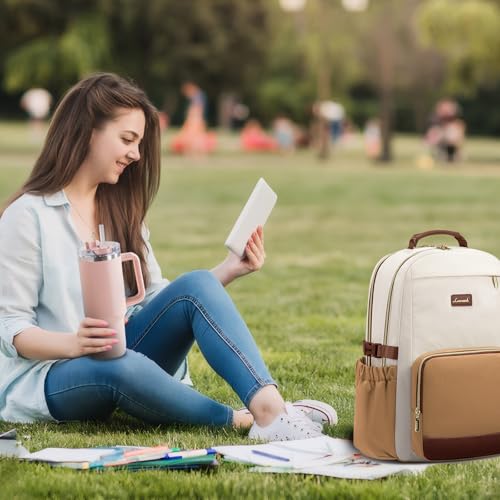 Image of LOVEVOOK Laptop Backpack for Women with Pouch Pocket for Large Capacity Cup,15.6 Inch Laptop Computer Bag Travel Backpack Purse,Waterproof Work Business Backpack College Teacher Bag,Beige-Brown-Bbrown