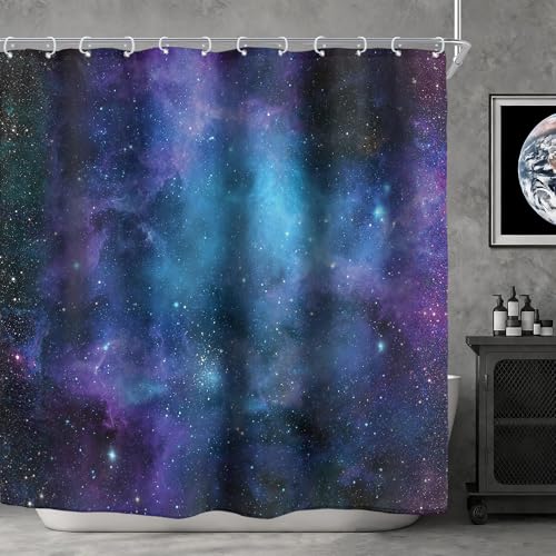 Riyidecor Fabric Galaxy Star Outer Space Shower Curtain for Bathroom Decor 72Wx72H Inch Starry Bathtub Set Men Boys Trippy Nebula Universe Planet Accessories Decor Panel Bathroom 12 Pack Hooks