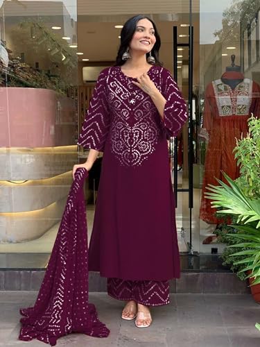 Image of GoSriKi Kurta Sets for Women Rayon Viscose Bandhani Printed | Kurti Set for Woman | Kurta Pant Dupatta Set | Straight Kurti | Round Neck 3 /4 Sleeve Suit Set for Women Stylish Ethnic Outfit