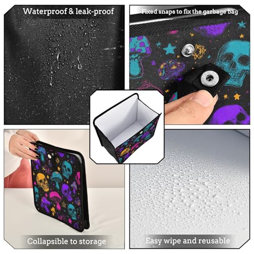 Image of Car Trash Can Organizer Bin with Adjustable Strap for Back Front Seat Console Waterproof Leakproof Collapsible Portable 8.66 Inch Neon-colored Skulls Stars Mushrooms