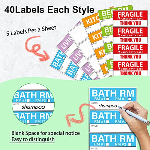 Yoget 42X90Mm Large Home Moving Labels For Apartment Moving, 4 Different Color Coded Packing Labels + 40Pcs Fragile Stickers + 40 Pcs Removable Blank Furniture Labels (240 Labels) #TOP2