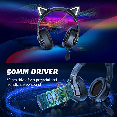 AJIJAR Gaming-Headset mit Mikrofon, Katzenohren Kopfhörer 3,5mm Kompatibel mit PC PS4 PS5 Xbox One (ohne Adapter) Smartphone, mit Surround-Sound, RGB, Geräuschunterdrückung, Schwarz - Image 4