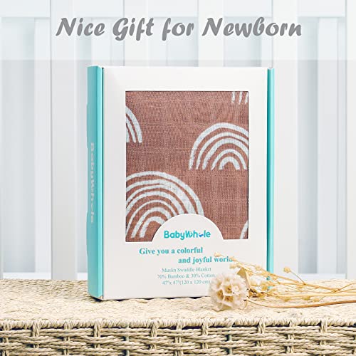 Babywhale Muslin Swaddle Blanket With Hat And Headband Bow, Boho Rainbow Pattern Swaddle Set For Baby Boys ＆ Girls, Unisex Silky Soft Breathable Receiving Swaddle Wrap, 47X47 Inches, Brown #TOP1