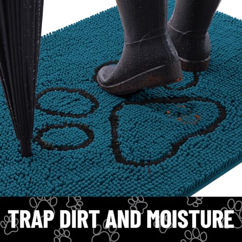 Image of Smiry Dog Door Mat for Muddy Paws, Absorbent Dirt Trapper Non Slip Quick Dry Washable Chenille Mat for Mud Dogs, Entry Rug for Indoor and Outdoor (36x24 Inches, Atlantic Blue and Black)