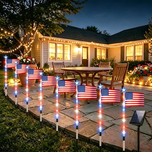 8 Pack Solar American Flag Pathway Lights - Patriotic Red White Blue Outdoor Stake Waterproof LED Lights with 8 Modes Decorations 4th of July Memorial Day & Independence Day Yard Garden (Style A)