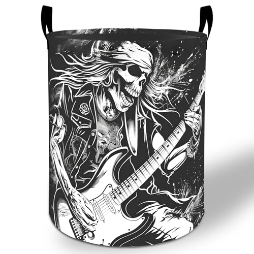 Rock Skull Laundry Basket Hamper 19.7"x15.8", Music Foldable Waterproof Oxford Clothes Storage Bucket for Room Bathroom Bedroom Nursery Decor, Toy Organizer Bins Gifts for Kids Boys Girls by VANZEV - Used condition - US$23.95