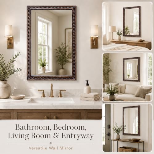 Image of Wooden Bathroom Wall Mirror,Solid Frame Vanity Mirror,36x24x1.25 inch Burnt
