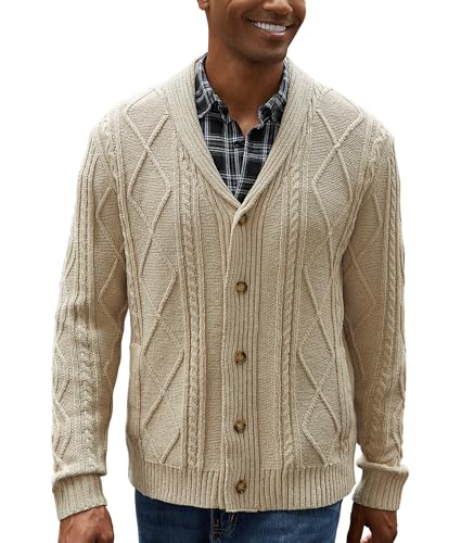 Men's Cable Knit Cardigan Sweater Shawl Collar Long Sleeve Buttons Down Sweater with Pockets