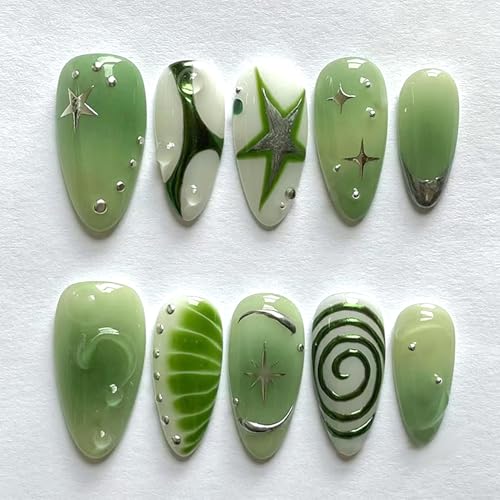 24Pcs Green Press on Nails Charms Medium Almond Fake Nails Star-Shaped Pattern French Nails Glossy Acrylic False Nails with Glue Full Cover Stick on Reusable Artificial Nail for Women Manicure