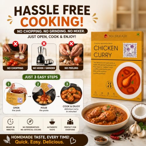 Image of Maskhari Chicken Curry Ready to Cook Curry Paste 150g Pack of 3 | Authentic Maharashtrian Coastal Curry | Made with Fresh Coconut & Premium Spices | No Artificial Colours or Preservatives | Ready in Minutes