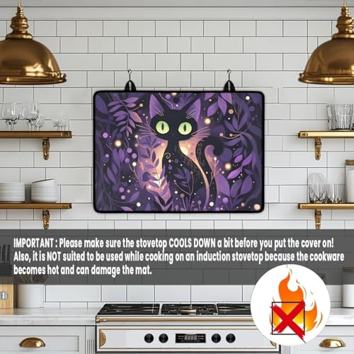 Image of Black Cat Purple Leaf Stove Top Covers for Gas Burners Electric Stove Protector Mat Anti Scalding Flat Range Stovetop Protector Halloweeen Kitchen Decoration 30x21 Inch