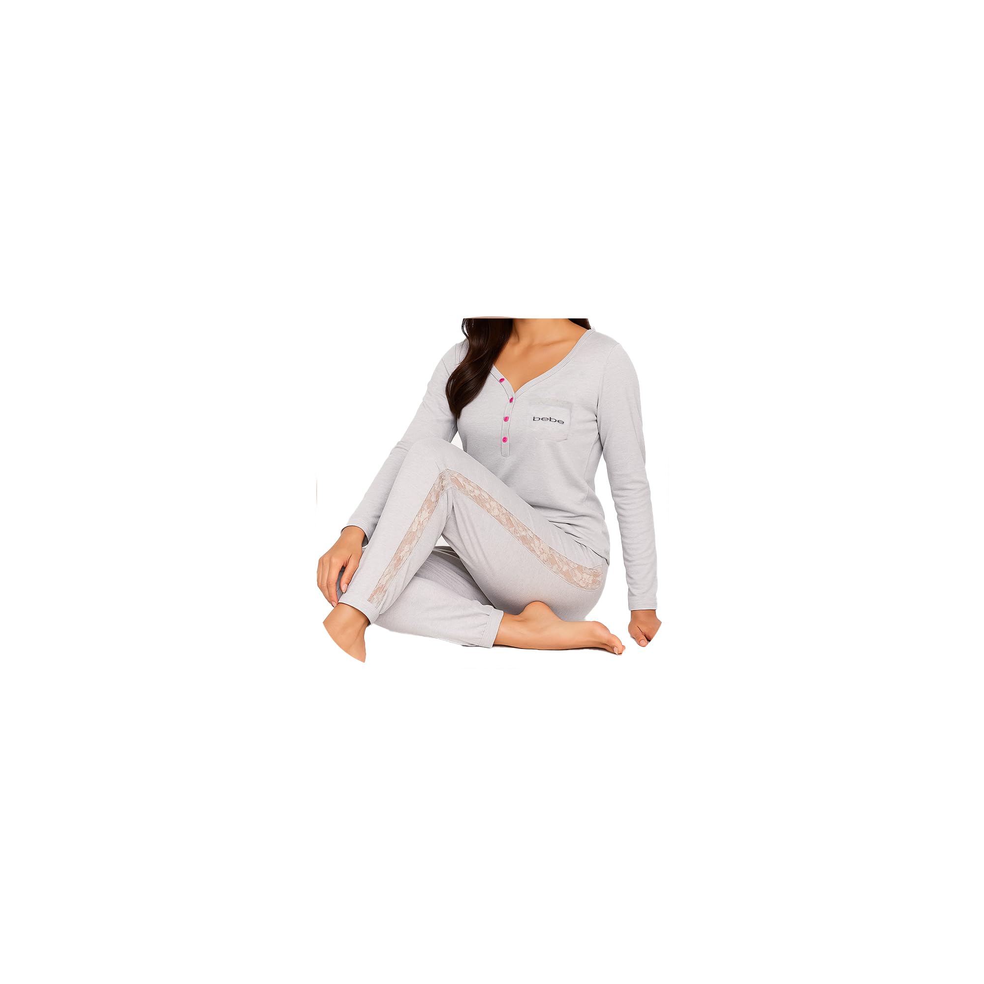bebe Womens Pajama Set with Pockets - Long Sleeve Shirt and Pajama Pants Pj Set (Heather Grey, X-Large)
