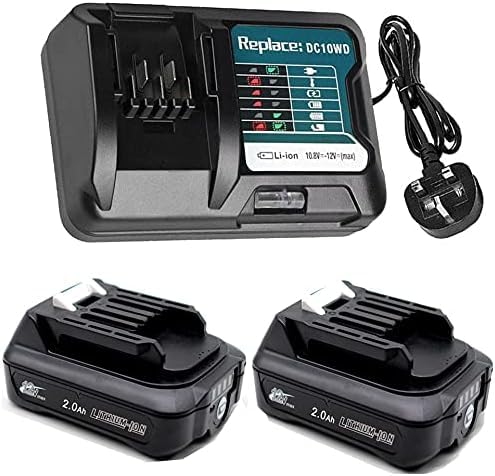 FengWingsยฎ BL1021B Battery 2.0A, Replace For Makita 12V Battery with Charger DC10WD Charger 12V 10.8V BL1015 BL1016 BL1021B BL1041B BL1020B / DF031D DF0331D TD110D JR103D JR105D HSS01D