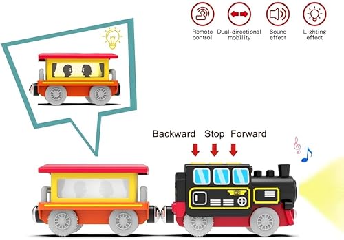Miniatura 5 de Juego de tren de locomotora a pilas para pista de madera, vehículos magnéticos de control remoto eléctrico de juguete con potente luz y sonidos del