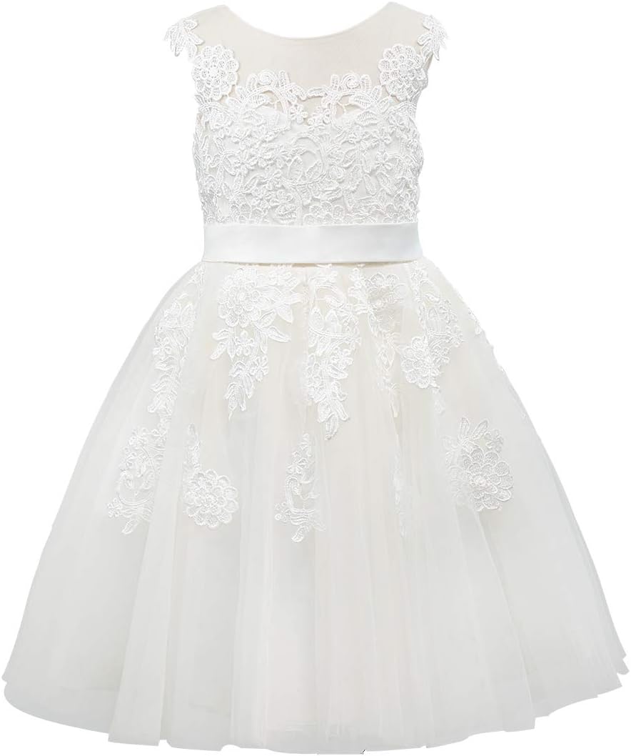 PLUVIOPHILY Lace Applique Tulle Flower Girl Dress Junior Bridesmaid Wedding Party Dresses