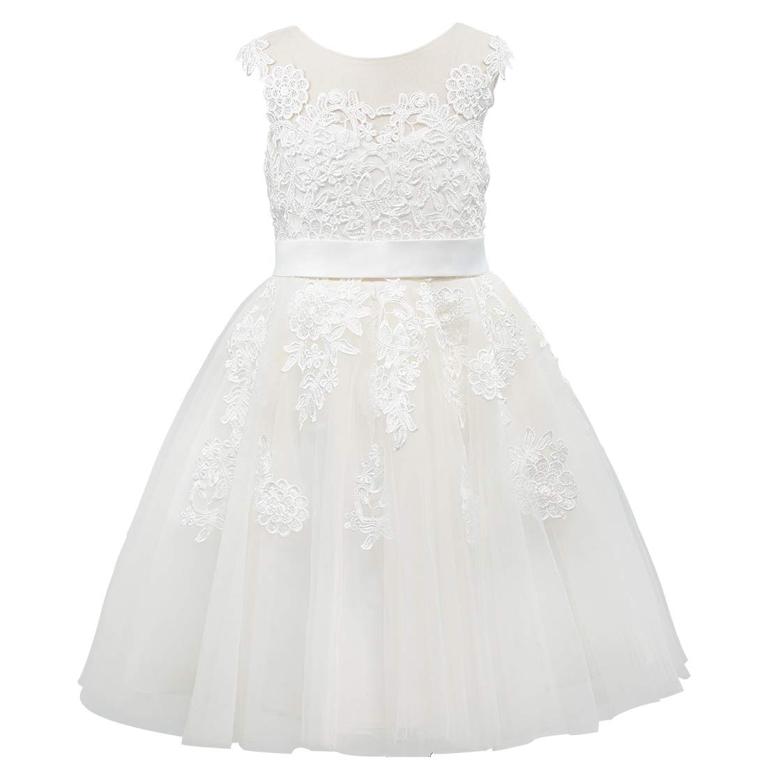 PLUVIOPHILY Lace Applique Tulle Flower Girl Dress Junior Bridesmaid Wedding Party Dresses