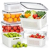 HOMETALL 4 Pack Fruit Storage Containers for Fridge Set, Produce Containers for Fridge with Strainer, Plastic Reusable Fridge Organizers and Storage for Berry Salad Lettuce, Size 3.4, 1.8, 0.9, 0.4QT