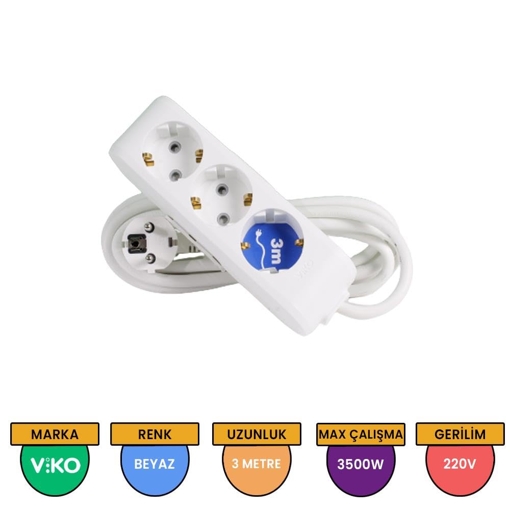 Viko Multi-Let 3lü Topraklı Kablolu Ç.K 3mt Priz, Beyaz