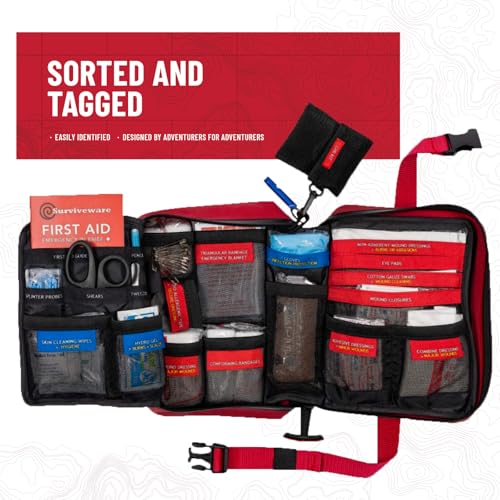Surviveware 184 Pcs Comprehensive Waterproof Premium Survival First Aid Kit - Medical Emergency Kit for Travel Camping Gear, Home Essentials &