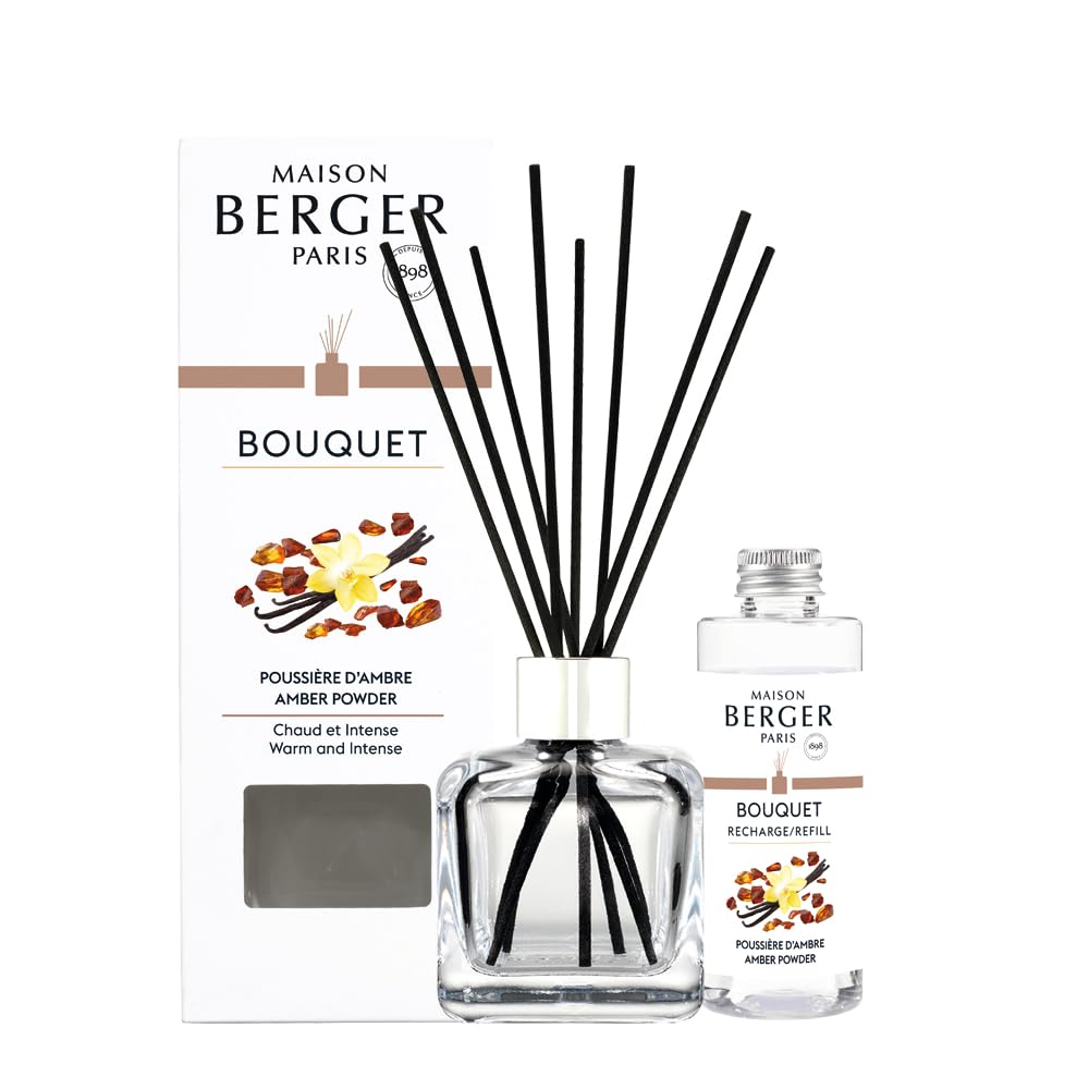 Maison Berger Clear Amber Powder Glass Reed Diffuser Scented Bouquet – 6 Black Reed Sticks With 100 Ml Fragrance Refill – Made In France