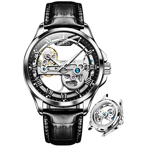 Image of OLEVS Skeleton Watches for Men Automatic Self Winding Mechanical Luxury Dress Leather Waterproof Luminous Men Wrist Watch