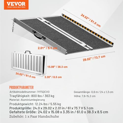 VEVOR Tragbare Rollstuhlrampe, 60,96 cm 363 kg Kapazität, rutschfeste, klappbare Schwellenrampe aus Aluminium, Faltbare Rampe für Mobilitätsroller, Rollstuhlrampe, Heimstufen, Treppen, Bordsteine