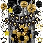 Black Gold Birthday Decorations for Men Women, Recosis Balloons in Black Gold Tones with Happy Birthday Banner, Honeycomb Balls, Star Hanging Swirls, Foil Curtain Décor