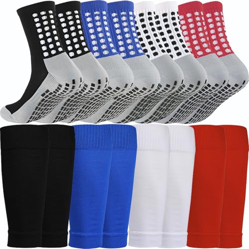 4 Set Soccer Grip Socks,Shin Guard Sleeves for Football Basketball