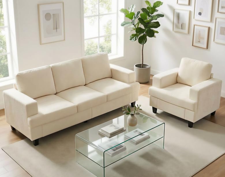 Image of PUREMIND 2 Piece Living Room Sofa Set, Chenille Upholstery 3 Seater Couch and Armchair Set, Solid Wood Frame, Modern Sectional Couches for Living Room, Office, Apartment