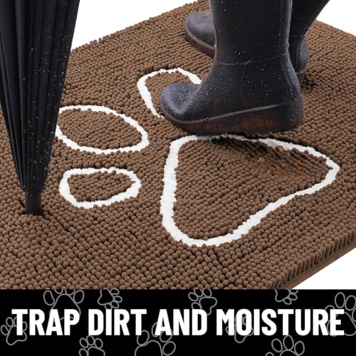 Image of Smiry Dog Door Mat for Muddy Paws, Absorbent Dirt Trapper Non Slip Quick Dry Washable Chenille Mat for Mud Dogs, Entry Rug for Indoor and Outdoor (48x30 Inches, Coffee and White)