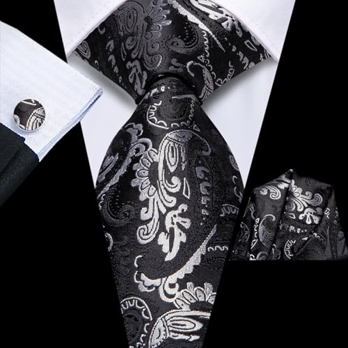 Image of Hi-Tie Men Silk Ties Set with Flower Lapel Pin Necktie Pocket Square Cufflinks for Tuxedo Wedding Business