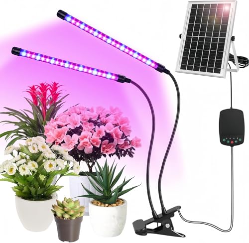 Teilybao Solar-Powered Grow Lamp with Battery, 2-Head 40 LED Full Spectrum Clip Light, 16.4FT Cable, USB Charging, Timer & Dimmable Settings for All Growth Stages